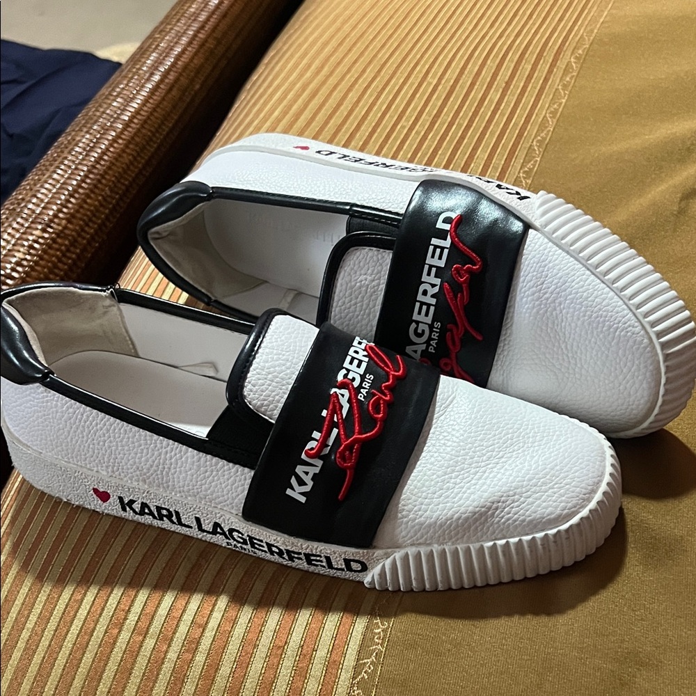 Karl Lagerfeld White and Black Slip-Ons with Red Detail